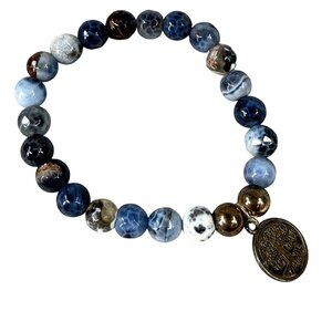 Blue Agate Beaded Bracelet Tree Of Life Charm Stretch Silver Tone Accent Beads
